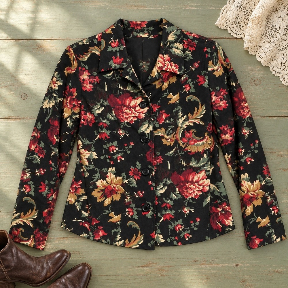 Briggs New York Women Floral Tapestry Blazer Black Red Gold Size S Vintage Look